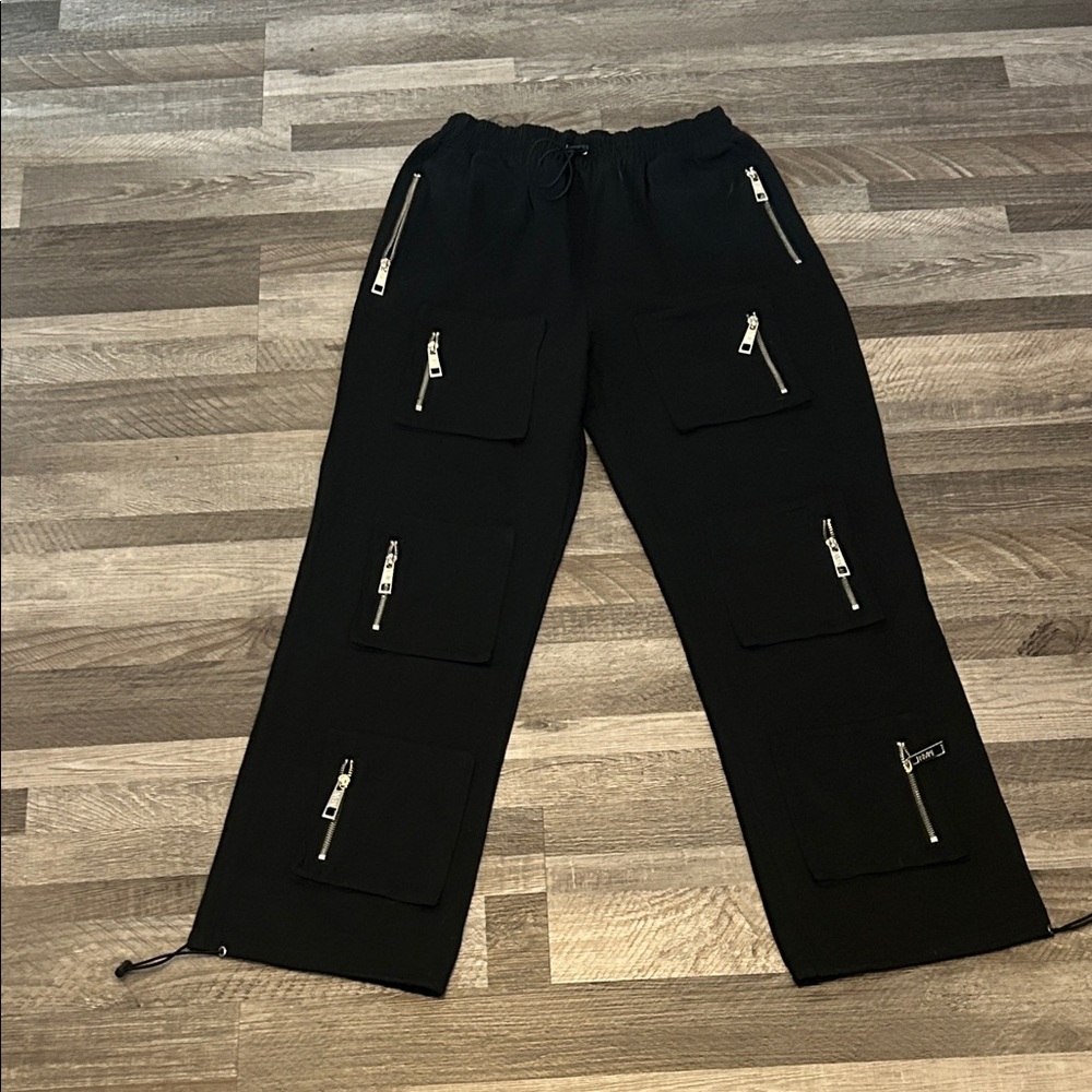 Boohoo Mens Black Cargo Pants with Multiple Zip Pockets